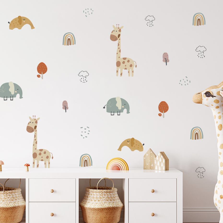Baby Nursery Tree - Cartoon żyrafa słoń naklejka ścienna ze